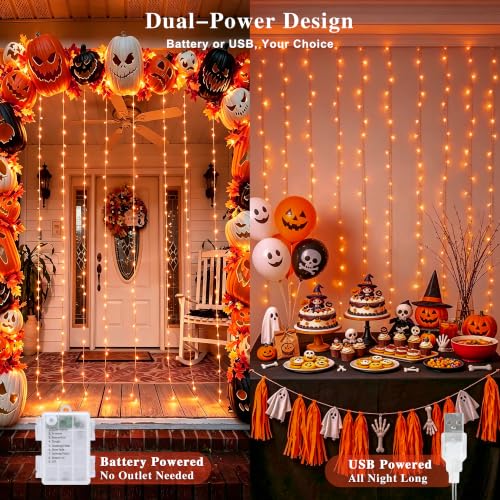 Halloween Curtain Lights - 200 Orange LED String Lights for Indoor Outdoor Decor - Remote Control & Dual Power