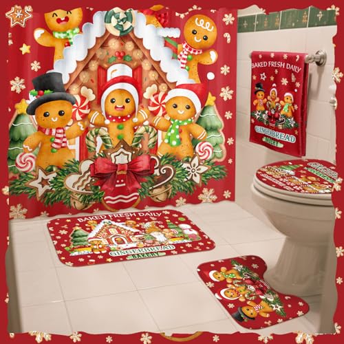 Christmas Shower Curtain Set with Hooks & Rug - Gingerbread Man Holiday Bathroom Decor