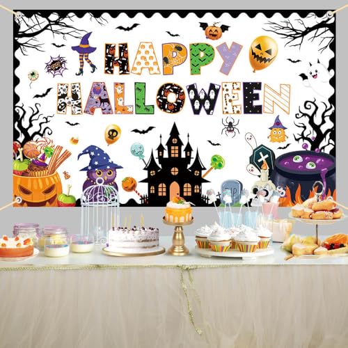 Halloween Classroom Banner Backdrop 70.8x43.3 Inches Ghost Spider Bat Pumpkin Decor - 5.9x3.6ft Variation