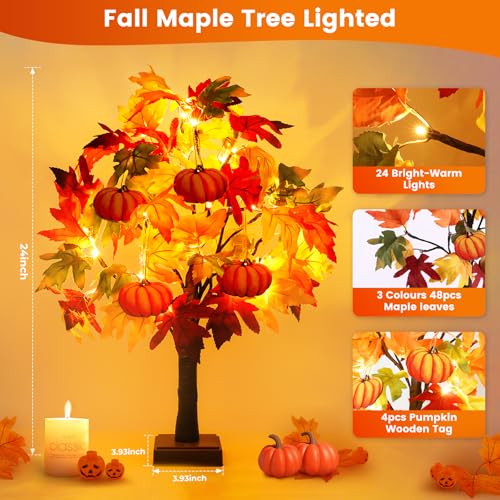 2 Pack 24-Inch Lighted Fall Maple Trees with Pumpkins - Indoor Halloween Thanksgiving Decor