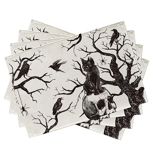 Halloween Skull Black Cat Placemats Set of 4 - 12x18 Inch, Durable Cotton Linen