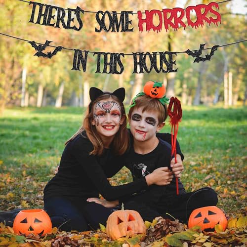 Halloween Horror Banner Black Red Glitter Bat Banner - Haunted House Decor