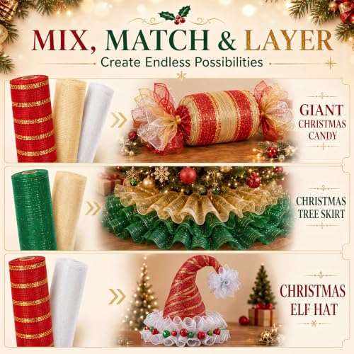 Christmas Mesh Ribbon Rolls - 8 Pack, 10 Inch x 30 Feet, Holiday Wreath Decoration - Variation: Christmas