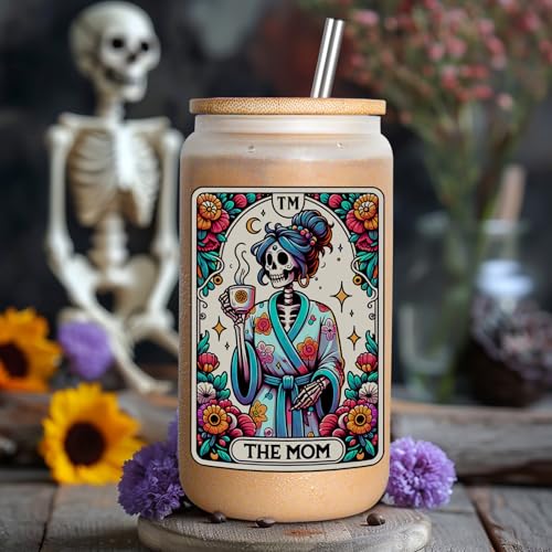 16oz Frosted Glass Iced Coffee Cup with Lid and Straw - Skeleton Mom Design