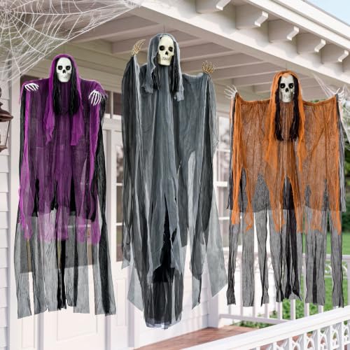 Halloween Hanging Grim Reaper Decoration Set - Tattered Skeleton & Flying Ghosts, 47 & 63 Inches, Outdoor Indoor Spooky Decor