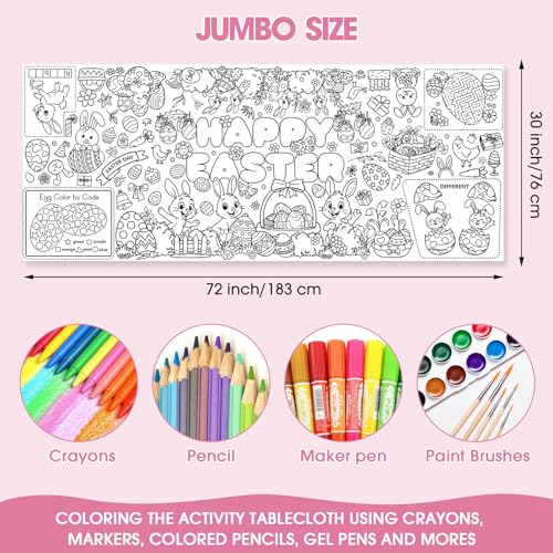 Large Easter Coloring Table Cloth - Spring Rabbits & Flowers Kids Poster - Easter Party Supplies - 30x72 Inches