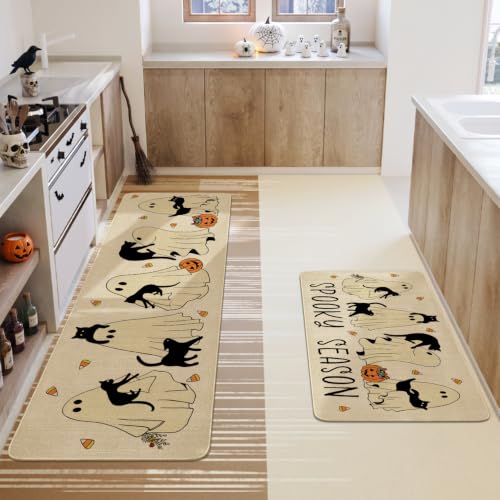 Ghost Black Cat Halloween Kitchen Rugs Set of 2 - Spooky Season Non-Skid Washable Mats