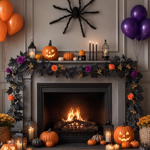 Halloween Garland 2 Pack - Purple Orange Roses with Gold Berries & Black Vines