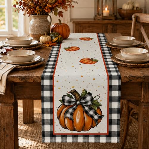 Fall Table Runner for Thanksgiving Decor 13x72 Inch Pumpkin Buffalo Plaid