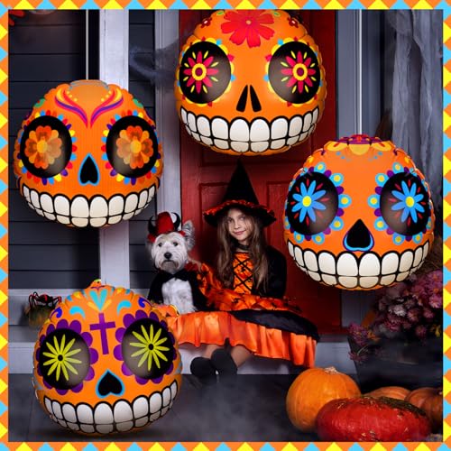 Halloween Inflatable Sugar Skull & Pumpkin Decor Pack - Indoor Outdoor