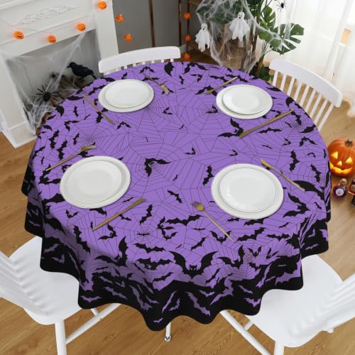Halloween Bat & Spiderweb Round Tablecloth 60 Inch - Purple, Machine Washable & Stain Resistant - Variation: Bat/Halloween-60"