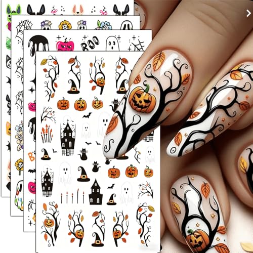 Halloween Nail Stickers Pumpkin Ghost Bat Web Skull Floral DIY Self-Adhesive Decor - Style 8