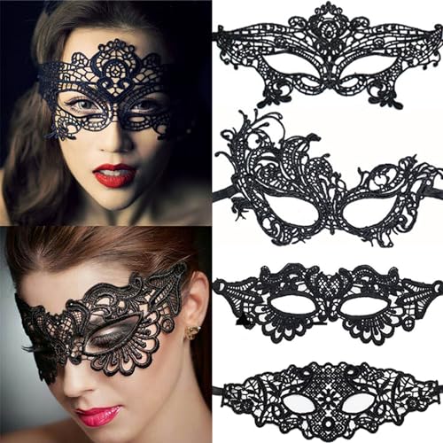 Black Lace Eye Mask for Women Masquerade Halloween Party Accessories - Set of 4