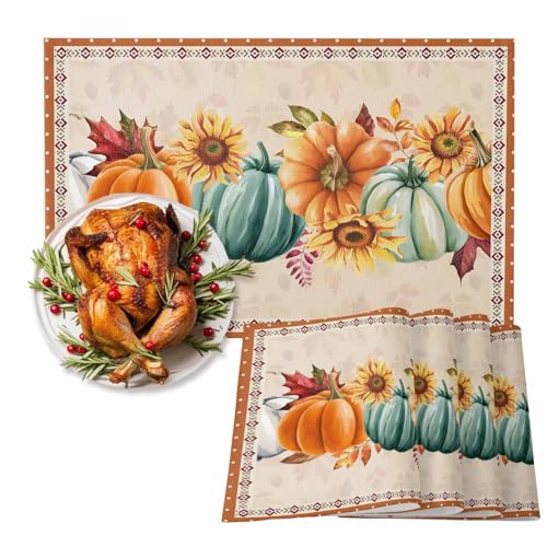 Fall Placemats Set of 4 - Pumpkin Sunflower Autumn Table Decor, Washable Cotton Linen