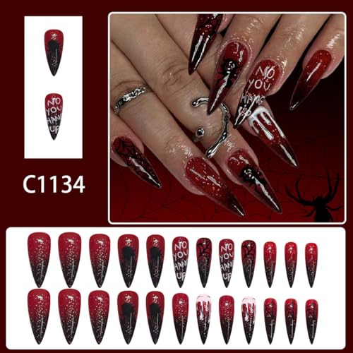Halloween Press-On Nails Long Stiletto with Spider Web Glitter Design - Style D23, Red Black Ombre, Reusable Fake Nails, 24 Pieces