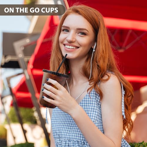 Black Plastic Disposable Cups with Lids & Straws 16oz - 100 Set