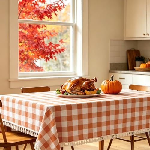 Alsoo Fall Gingham Square Tablecloth 55x55 Inches Cotton Linen Style - Orange & White