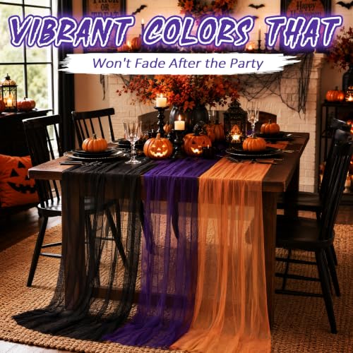Halloween Table Runner Set - 6 Piece 10ft Chiffon Decorations in Black, Purple, Orange