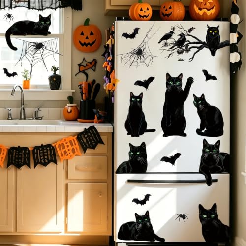 Large Black Halloween Window Clings - 9 Sheets Bat Cats Spiderweb Decor for Glass Windows & Doors