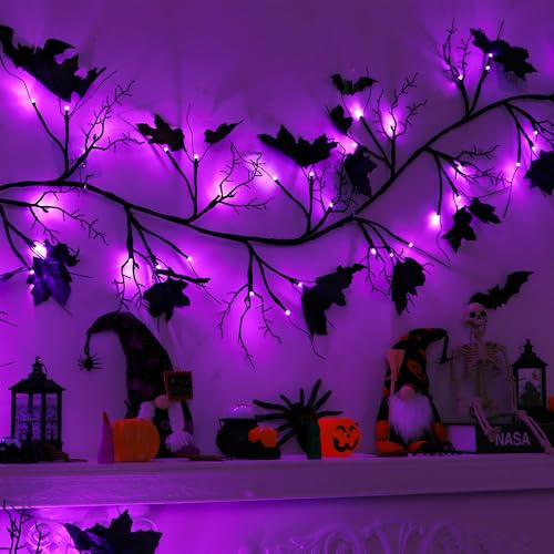 9 Ft Purple LED Willow Vine Twig Halloween Garland with 8 Modes & Timer - Waterproof Indoor Outdoor Decor