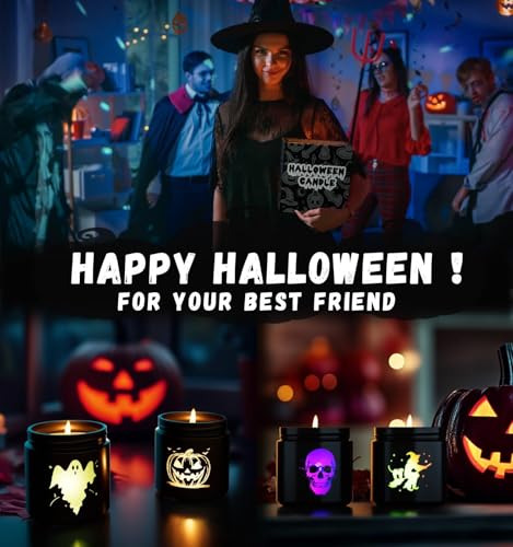 Halloween Candle Set - 4 Scented LED Carved Spooky Decor Candles with Glass Containers - Halloween Candle Set