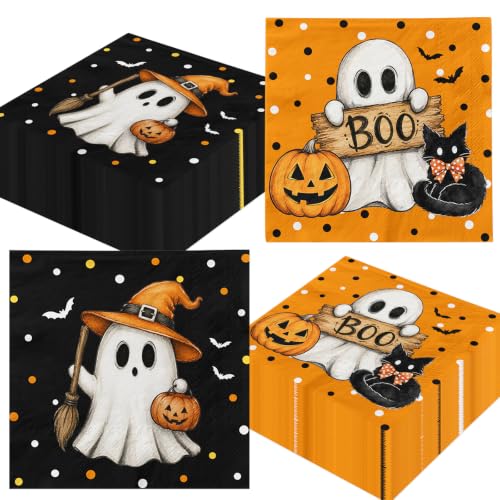80 Pack Halloween Paper Napkins Ghost Pumpkin Cat Disposable Tableware