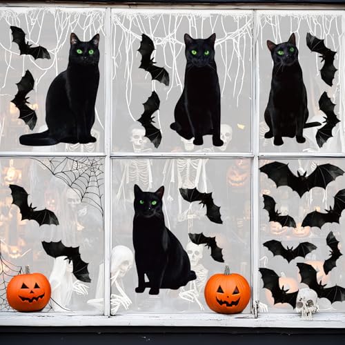 Halloween Window Clings Decor Set - 6 Sheets with Black Cats Bats Spider Webs