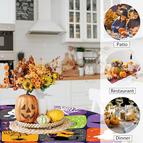 Halloween Round Fitted Tablecloth with Elastic Pumpkin Ghost Bat Web Waterproof 52 Inch Purple