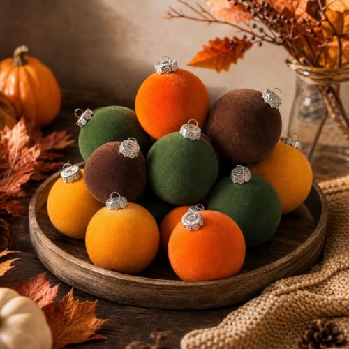 Fall Velvet Ornaments Set - 12 Rustic Hanging Balls for Decor, 2.36"