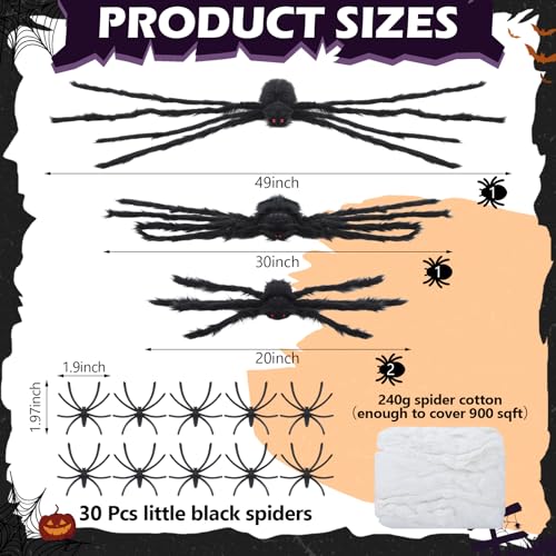 Halloween Giant Black Plush Spiders Set with Cobwebs and Small Plastic Spiders - Outdoor Yard Decorations