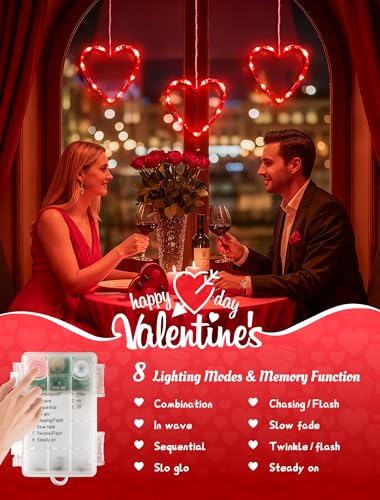 Valentine's Day Window Lights - Red Heart Silhouette LED String with Timer - Hearts Variation