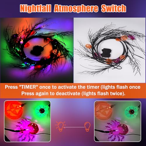 6Ft Halloween LED Willow Twig Garland with Remote Control - Bats, Ghosts, Pumpkins & Eyeballs, 8 Modes Indoor Outdoor Decor