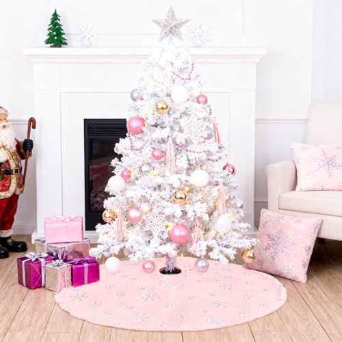 Pink Christmas Tree Skirt 48 Inch Silver Sequin Snowflakes Faux Fur