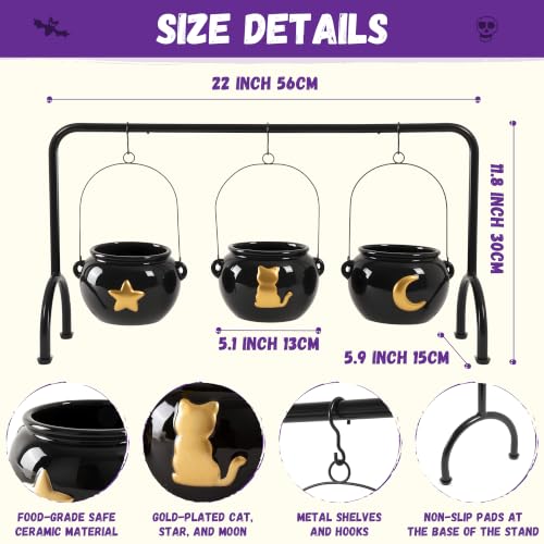 Halloween Ceramic Witches Cauldron Bowls Set - Gold Accented Party Decor, 3 Pack