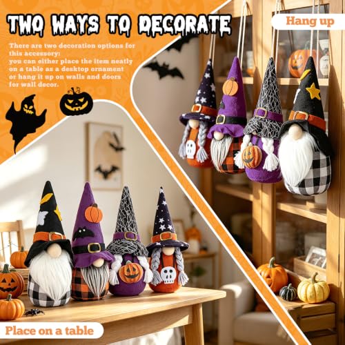 Halloween Gnome Decor Set - 4 Plush Hanging or Tabletop Gnomes for Fall & Holiday