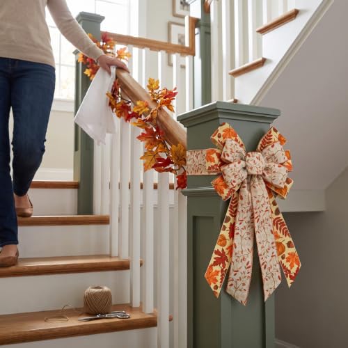 Large Fall Thanksgiving Wreath Bow with Pinecones & Maple Leaves - Brown