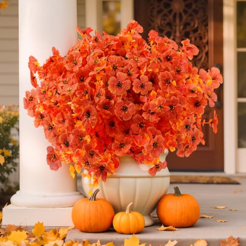 Artificial Fall Flowers for Outdoors - Faux Mums, UV Resistant, 12 Bundles - Orange