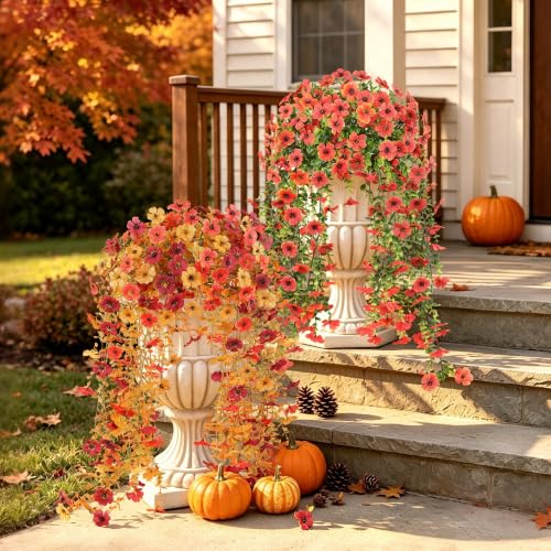 Autumn Artificial Flowers Set - Sunset, Dark Red & Dark Yellow Faux Silk Mums - 2PCS