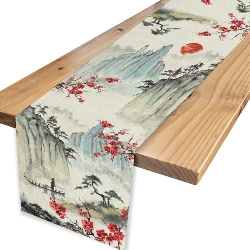 Japanese Ink Painting Cherry Blossom Table Runner - Rustic Asian Garden Decor 13x36 Variation of THIS listing