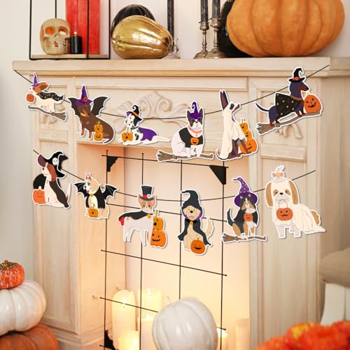 Halloween Dog Decorations Banner with Cute Dogs, Pumpkins & Witch Hats
