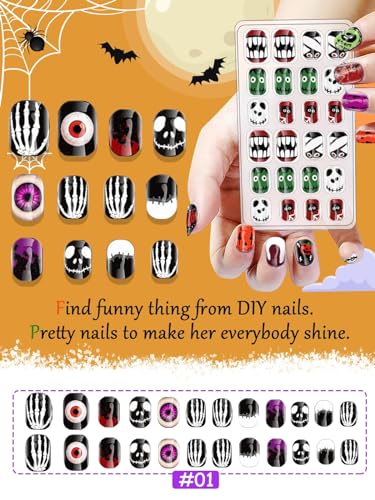 144 Pcs Halloween Kids Fake Nail Set with Ghost Skeleton Spider Pumpkin Designs