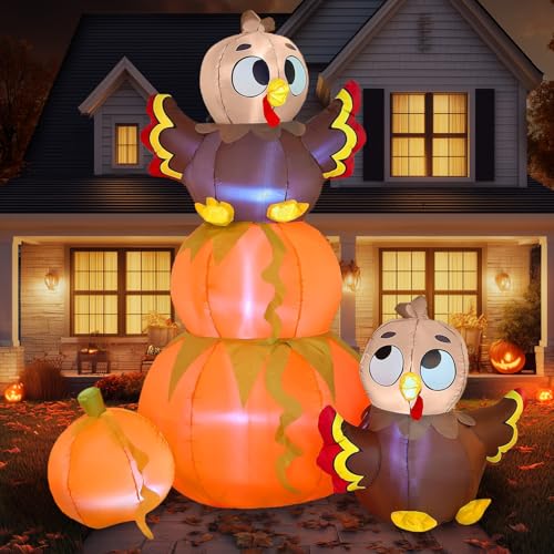 6 FT Thanksgiving Inflatable Stacking Pumpkin Turkey with Built-in LEDs - Outdoor Yard Decor