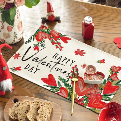 Red Hearts Love Valentine's Day Placemat Set of 4 - 12x18 Inch Rectangular Table Mats