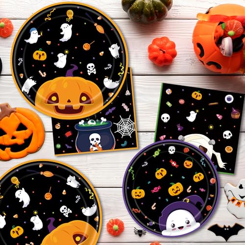 Halloween Party Supplies Set - Disposable Plates & Napkins - Pumpkin Ghost Design - Includes 90 Pieces - Halloween