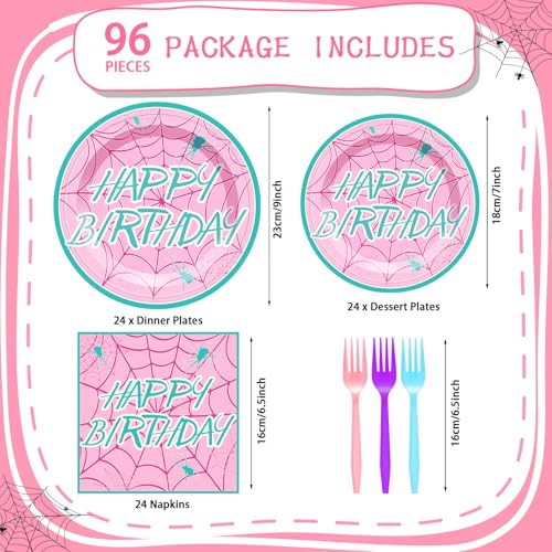 Pink Spider Web Birthday Tableware Set 96 pcs - Happy Birthday Variation