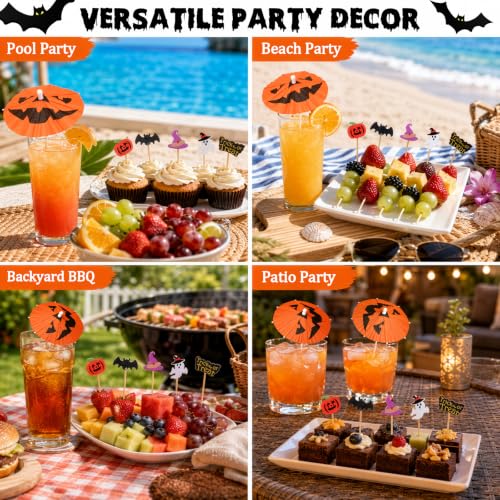 Summer Halloween Party Decorations Set with 100 Drink Umbrellas & 100 Cocktail Picks - 5 Designs for Cocktails, Cupcakes & Snacks