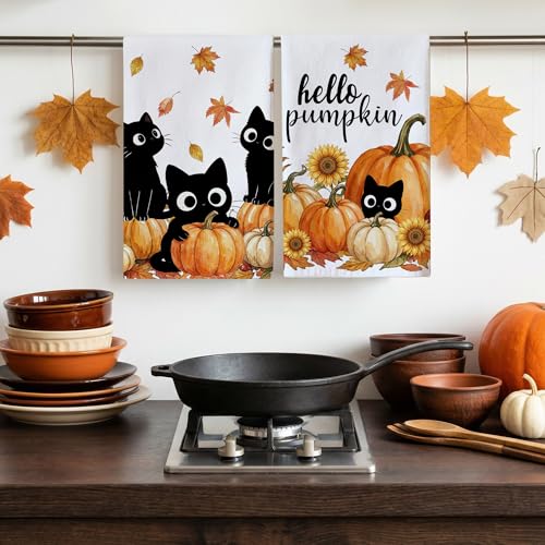 Hexagram Fall Kitchen Towels Set - Black Cat & Pumpkin Design, 18 x 28 Inches