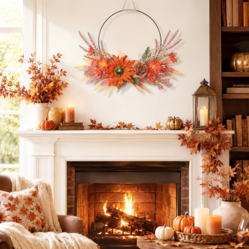 Fall Sunflower Wreath for Front Door - 17 Inch Artificial Autumn Decor - Orange Flowers