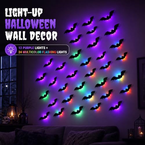 36 Pack LED Halloween Wall Decor Bats - 3D Light Up Wall Stickers, Reusable Spooky Decorations