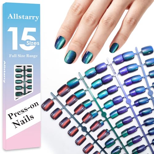 Allstarry Cat Eye Press-On Nails 120pcs Short Square Galaxy Blue - Chameleon Glossy